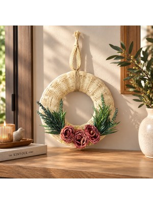 Mood Concept Dekoratif Hasır Rattan Bambu Kapı Çelengi – El Yapımı Çiçekli Duvar ve Dış Kapı Süsü