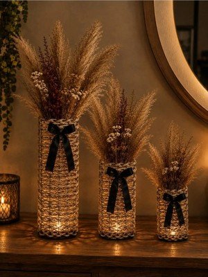 Egindra Metal Tel Hasır Örgü 3 Boy LED Işıklı Kuru Çiçek Vazosu Gece Lambası Fener Rustik Tasarım Çiçekler Hariç 20-30-40 cm