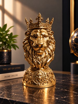 Hediyehanem Taçlı Aslan Biblo Dekoratif Heykel Gold Aslan Figürü Ev Ofis Dekorasyonu Hediyelik