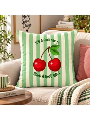 Fuens 43X43 cm Yeşil Çizgili Kiraz Desenli Dekoratif Kırlent Kılıfı – Meyve Desenli Modern Yastık Kılıfı DB008