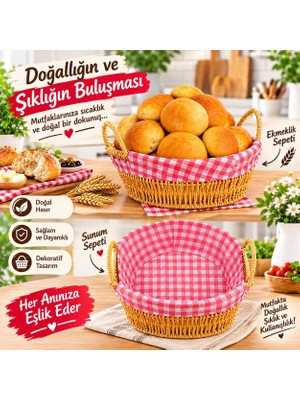 Taçev Hasır Ekmeklik Banyo Dekoratif Sepet Oval Rattan Bezli