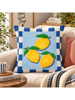 Fuens 43X43 cm Mavi Kareli Limon Desenli Dekoratif Kırlent Kılıfı – Meyve Desenli Modern Yastık Kılıfı DB010