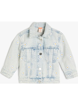 Koton Çiçek Nakışlı Düğmeli Denim Ceket