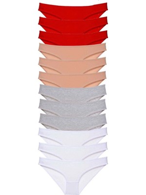 Pileli Store 12 Adet Süper Eko Set Likralı Kadın Slip Külot Kırmızı Ten Gri Beyaz