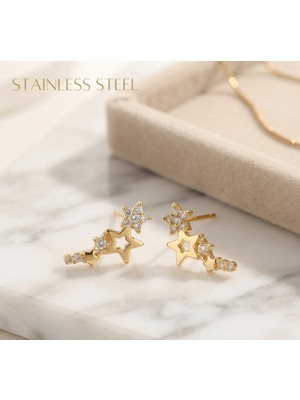 Stainless Steel Pirinç Kararmaz Altın Kaplama Zirkon Taşlı Yıldız Model Küpe