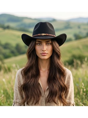 Gigi Luxe Kadın Siyah Western Kovboy Şapkası Örgü Deri Bantlı Cowboy Hat