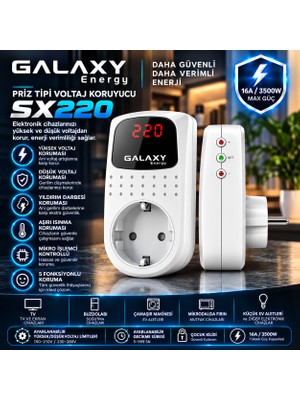 Galaxy Energy SX220 Dijital Voltaj Koruyucu Priz | 16A 3500W | Ayarlanabilir Yüksek Düşük Voltaj Koruması | Yıldırım Darbesi Koruması | Çocuk Kilidi