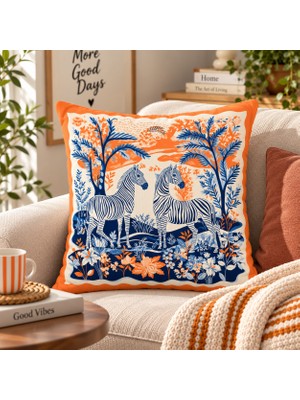 Fuens 43X43 cm Turuncu Çerçeveli Zebra Desenli Dekoratif Kırlent Kılıfı – Safari Temalı Çiçekli Modern Yastık Kılıfı DB011