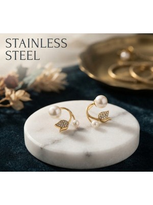 Stainless Steel Pirinç Gold Renk Kararmaz Altın Kaplama Incili Lale Tasarım Küpe