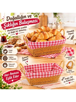 Taçev Hasır Ekmeklik Banyo Dekoratif Sepet Dikdörtgen Rattan Bezli