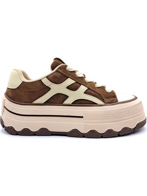 Guja G26K366 Hakiki Süet Deri 4 cm Yüksek Taban Kadın Camel Bej Sneaker Spor Ayakkabı