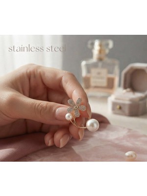 Stainless Steel Gold Renk Kararmaz Altın Kaplama Incili Çiçek Model Küpe