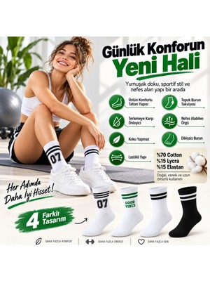 Çoraplar Burada Unisex Çorap Çizgili 8'li Set 07 Good Vibes Baskılı Siyah Beyaz Uzun Soket Spor Kolej Stil Çorap