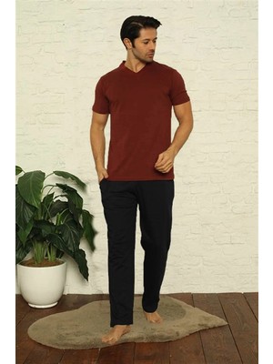 MiraLive Erkek Bordo V Yaka 3'lü Pijama Takım