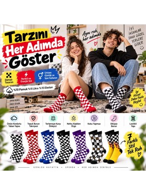TeOra Store Unisex Çorap Dama Desenli Renkli 7'li Set Kareli Alev Baskılı Uzun Soket Günlük Spor Çorabı