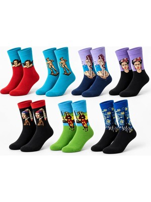 TeOra Store Unisex Çorap Sanat Temalı Renkli 7'li Set Portre Tablo Desenli Uzun Soket Günlük Eğlenceli Çorap Şık