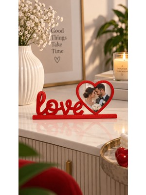 Major Hobi Love Yazılı Kalpli Fotoğraf Çerçevesi Masaüstü Dekoratif Çerçeve 20X10 cm - Kırmızı