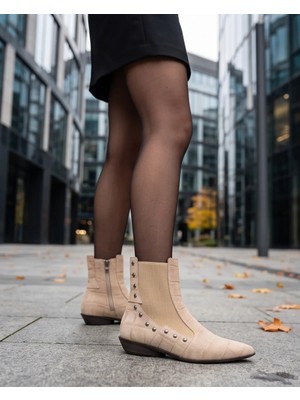 Futsi Shoes Avalon Bej Hakiki Kroko Süet Deri Lastikli Zımbalı Kadın Bilek Kısa Topuklu Bot