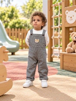 Babito Store Erkek Bebek Ayıcıklı Çizgili Salopet 2’li Takım 6 Ay- 3 Yaş