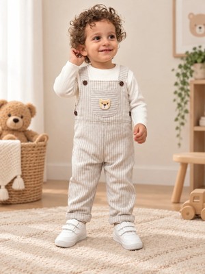 Babito Store Erkek Bebek Ayıcıklı Çizgili Salopet 2’li Takım 6 Ay- 3 Yaş