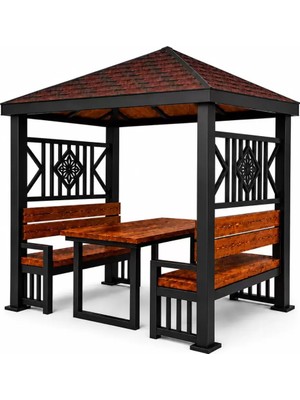 TeOra Store Premium Japon Çatılı Kamelya 6 Kişilik - Şingıl Çatılı Masif Ahşap Piknik Masası, Ağır Metal Gövdeli Bahçe Oturma Grubu