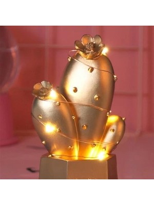 Adalı Store LED Işıklı Sevimli Kaktüs Dekoratif Masa Lambası Mini Biblo Gece Lambası Gold