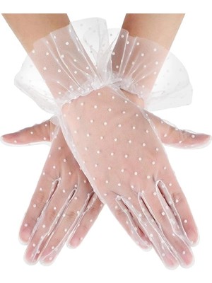 Adalı Store Kısa Boy Güpürlü Beyaz Puantiyeli Tül Eldiven Beyaz Renk BX40