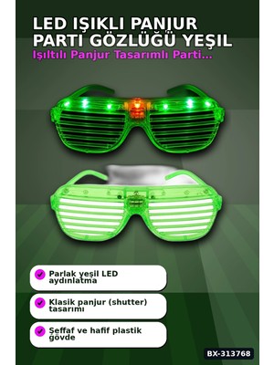 Adalı Store Pilli Çalışan LED Işıklı Panjur Parti Gözlüğü Yeşil Shutter Model 1 Adet BX-313768