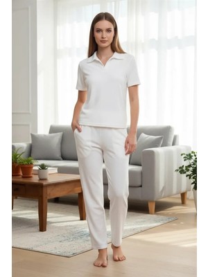 Beruflic Özel Tasarım Kadın Beyaz Polo Yaka Pijama Takımı %100 Pamuk Under Moda