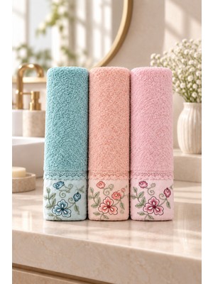 Gonca Bahar Dalı Çiçek Nakışlı El Yüz Havlusu 50X90 cm 3’lü Set %100 Pamuk