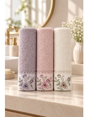Gonca Bahar Dalı Çiçek Nakışlı El Yüz Havlusu 50X90 cm 3’lü Set %100 Pamuk