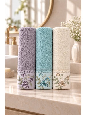 Gonca Bahar Dalı Çiçek Nakışlı El Yüz Havlusu 50X90 cm 3’lü Set %100 Pamuk