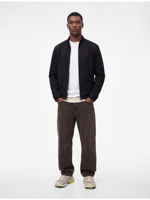 Koton Uzun Kollu Dik Yaka Cepli Fermuarlı Slim Fit Suni Süet Bomber Ceket