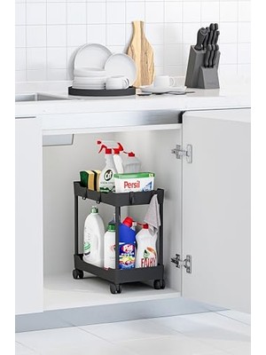 Mey İthalat Siyah 2 Banyo Rafı Katlı Tekerlekli Düzenleyici Mutfak ve