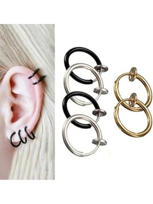 Mey İthalat Gümüş Renk 316L Paslanmaz Çelik Sıkıştırmalı Fake Piercing Küpe, 2'li, 9 Mm, Kulak-Burun-Dudak