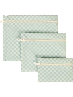 Mey İthalat 3'lü Su Geçirmez Pvc Astarlı Mint Dama Desen Islak Kuru Çantası 20 x 13/24 x 20/30 x 24 cm