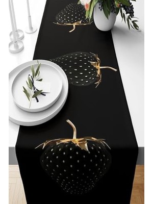 Mey İthalat Siyah Çilek Desenli Leke Tutmaz Kumaş Runner, Siyah, 40 x 140