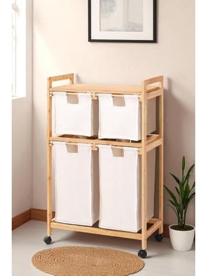 Mey İthalat DB-0018 Bambu Raflı Banyo Düzenleyici, 4 Bölmeli Kirli Çamaşır Sepeti