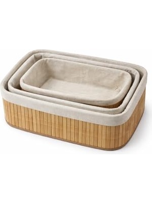 Mey İthalat Organizer, Bambu Meyvelik Sepeti 3'lü Set – Küçük, Orta, Büyük Boy – Çıkarılabilir Kumaş Astarlı – Doğal Ahşap Dekoratif Tezgah & Masa Üstü (Large)