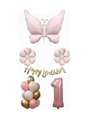 Die Grup Pembe Kelebek Papatya Doğum Günü Yaş Balon Seti, 1 Yaş
