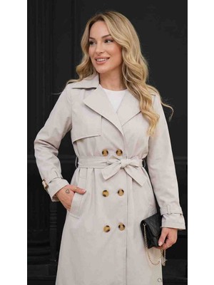 Trendol Fashion Life Kadın Kruvaze Düğmeli Kemerli Kuşaklı Trençkot - Astarsız Klasik Kesim Mevsimlik Ceket Pardösü/ Su Itici Özellik