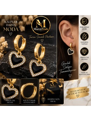Maren Trade Marentrade Siyah Kalp Detaylı Çelik Küpe – Gold Renk Paslanmaz, Zirkon Taşlı Şık Kadın Küpe