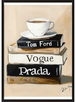 Trendexa Siyah Çerçeveli Tablo, Kahve ve Kitaplar, Vogue & Prada Detaylı, Akrilik Boya Poster No: 106132 15 x 21