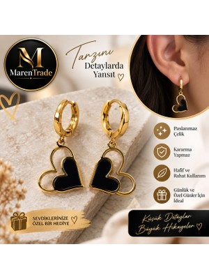 Maren Trade Marentrade Siyah Kalp Detaylı Halka Küpe – Paslanmaz Çelik, Kararma Yapmaz, Şık & Günlük Kullanım