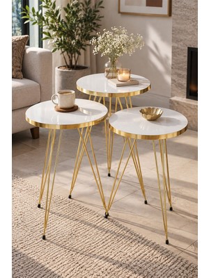 Sulorahome Gold Tel Zigon Sehpa Takımı Beyaz 3'lü