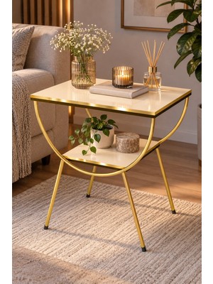 Sulorahome Yan Sehpa Komodin Gold ve Krem Renkli Iki Katlı Tasarım