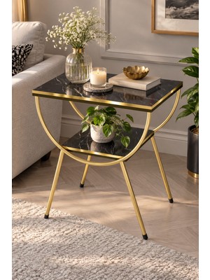 Sulorahome Yan Sehpa Komodin Siyah Mermer Desenli Gold Metal Ayaklı
