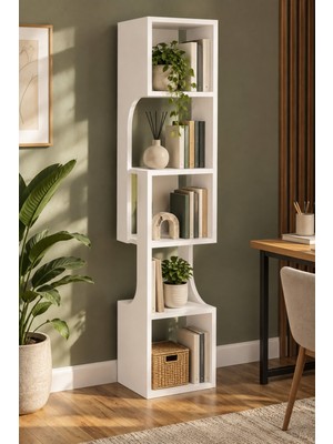 Sulorahome 5 Katlı Modern Beyaz Kitaplık ve Dekoratif Raf Ünitesi
