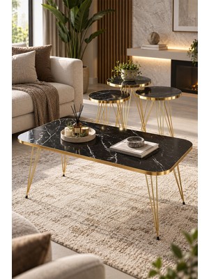Sulorahome Gold Bendir Tel Zigon ve Orta Sehpa 4 Parça Seti