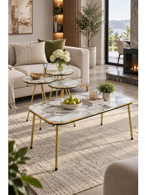 Sulorahome Beyaz Mermer Desenli ve Gold Metal Ayaklı 4'lü Sehpa Seti